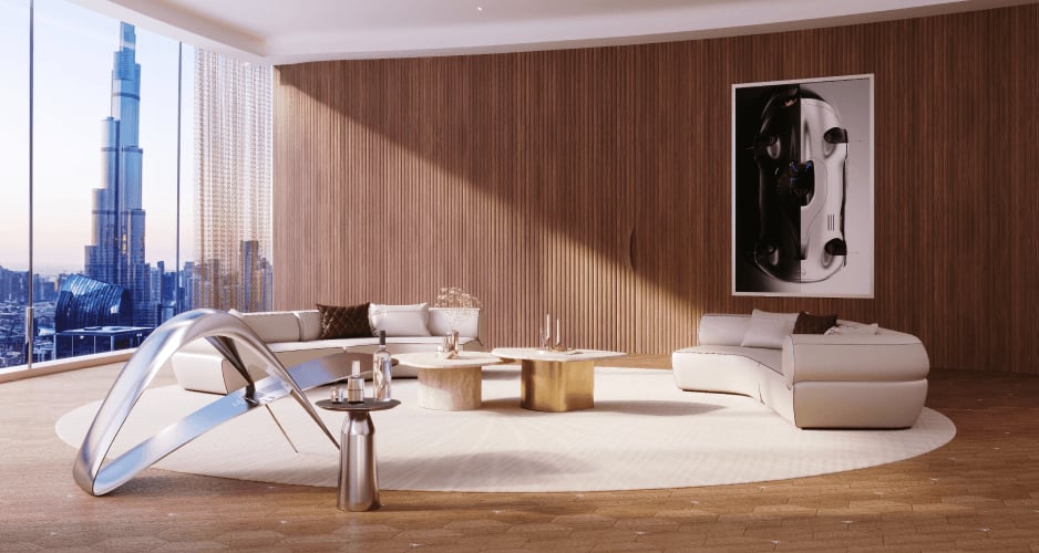 Grand Mercedes Suite living area with Burj Khalifa views